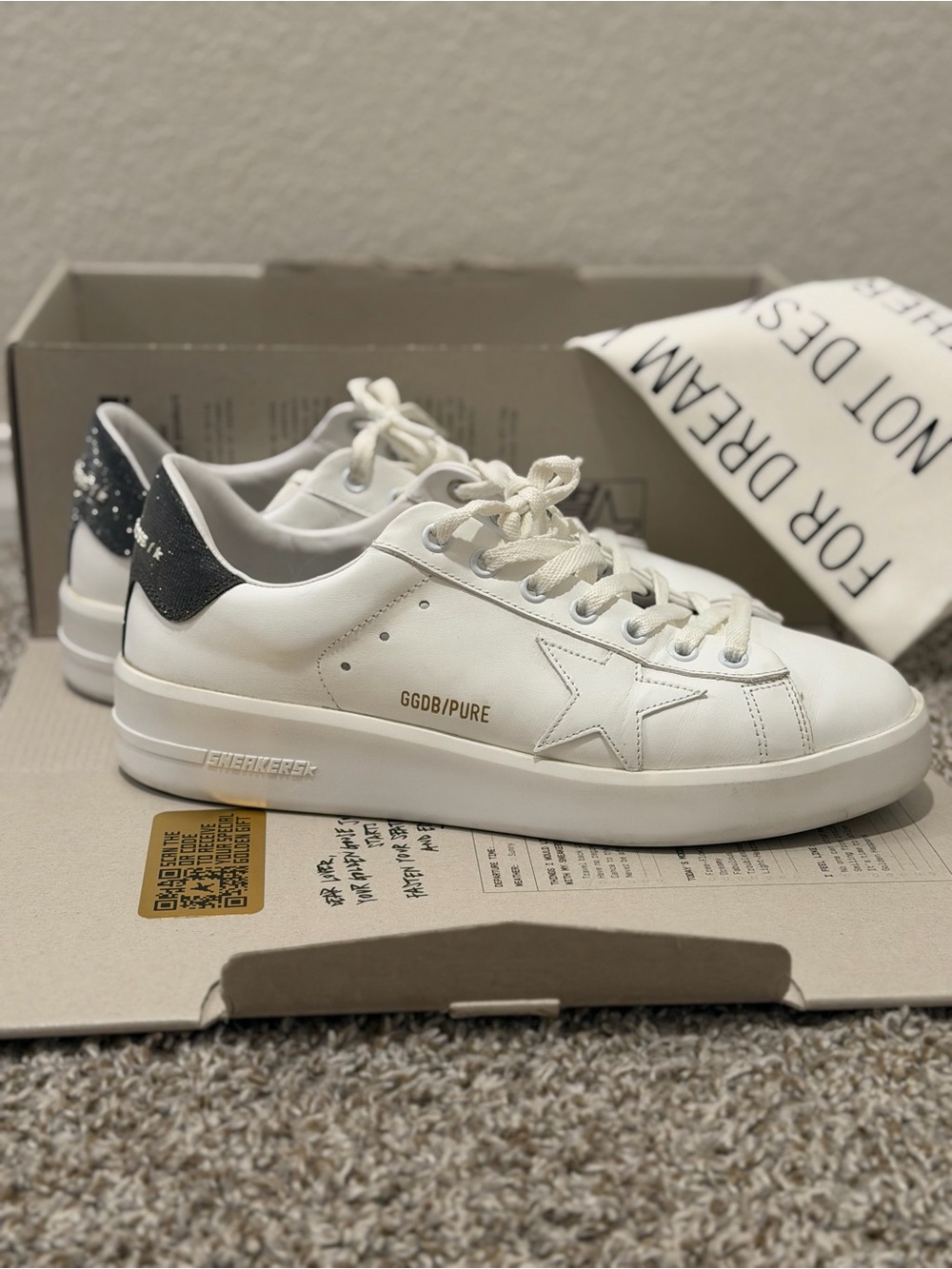 Golden Goose White Sneakers with Black Glitter Heel
